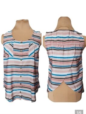 EDGE Striped Sleeveless Blouse Open Back Pink Blue Button Front Small